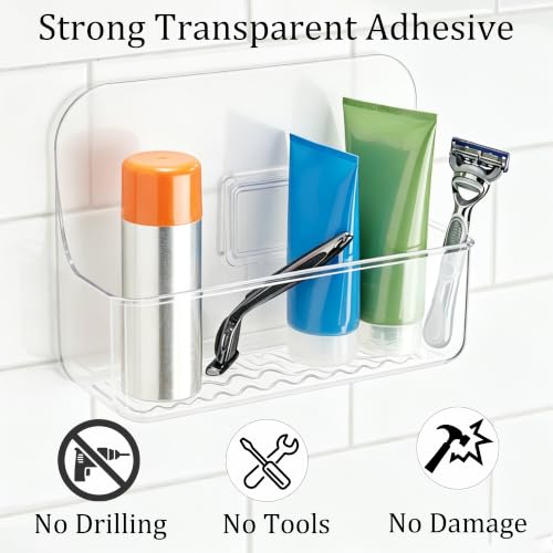 2Pcs Clear Acrylic Soap Dish, Self Draining Soap Holder for Shower, Wall Mounted No Drilling Adhesive Soap Saver Tray for Bathroom, Kitchen Sink, Tub Organizer - color: Clear