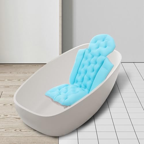 POPETPOP Bathtub Mat with Pillow for Adults, Spa Bath Cushion Pad with Suction Cups, Blue Full-Body Bath Pillow Headrest for Bathtub Relaxation and Neck Support