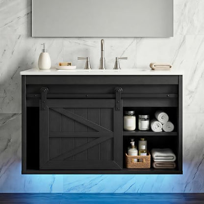 DWVO 24" LED Bathroom Vanity with Sink | Farmhouse Sliding Barn Door Bathroom Cabinet, Bathroom Vanities, Wall Mounted Floating Cabinet - color: Black, size: 24 Inch