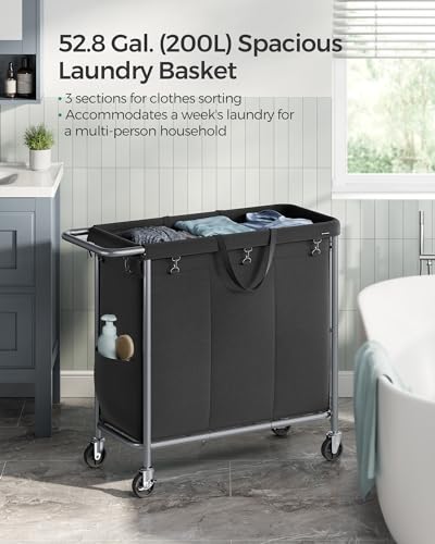 SONGMICS Laundry Basket with Wheels, 3-Section Rolling Laundry Hamper, 52.8 Gallons (200 L), Removable Liner, Steel Frame with Handle, 35.8 x 15.4 x 31.9 Inches, Ink Black URLS005B01 - color: Ink Black, size: 200 L (3-Section)