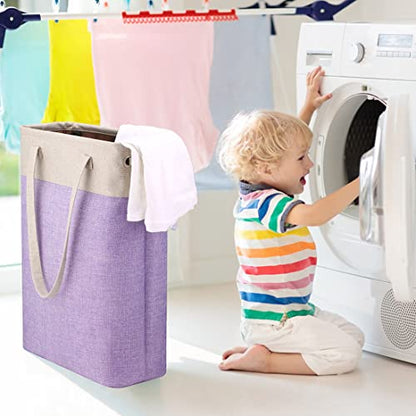 Laundry Basket with Handles Beige&Purple Slim Laundry Bin Collapsible Dirty Clothes Basket Narrow Laundry Bag Foldable Dirty Hamper for Camping, Dorms, Apartments - color: Beige&Purple