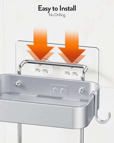 Orimade Aluminum 2 Tier Soap Holder for Shower – Wall Mounted Rustproof Soap Dish with Hooks, No Drilling Adhesive Soap Rack for Bathroom, Kitchen, RV – Quick Draining & Space Saving (Silver)