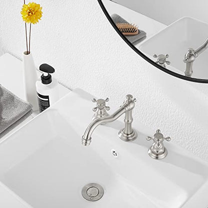 Two Handles Three Holes Faucet 8-16 inch Widespread Bathroom Sink Faucet Brushed Nickel Basin Tap Mixer Faucet Matching Metal Pop Up Drain - color: Brushed Nickel, style: Metal Cover