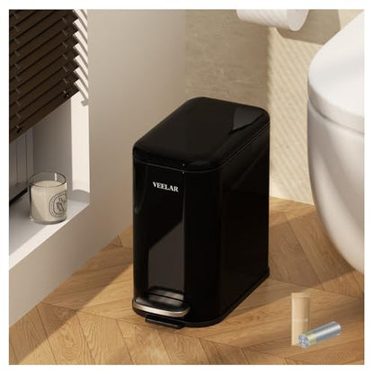 Slim Bathroom Trash Can with Lid, 1.6 Gallon / 6 Liter Stainless Steel Trash Bin, Step Pedal Garbage Cans for Bedroom, Kitchen, Office (Black) - color: Black(Step Pedal), size: 1.6 Gallon (6L)