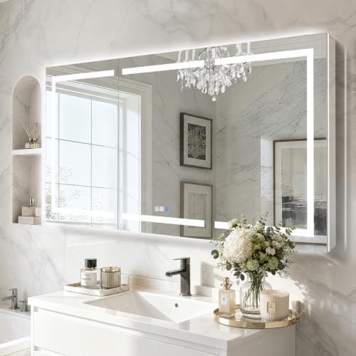 Luxury 66" Wall-Mounted LED Bathroom Medicine Cabinet, Outlets, Anti-Fog | Surface-Mount/Recessed, Double-Sided Mirror Cabinet, 3 Color Temp, DTC Silent-Close Hinges, Adjustable Tempered Glass Shelfs - size: 66"W x 36"H