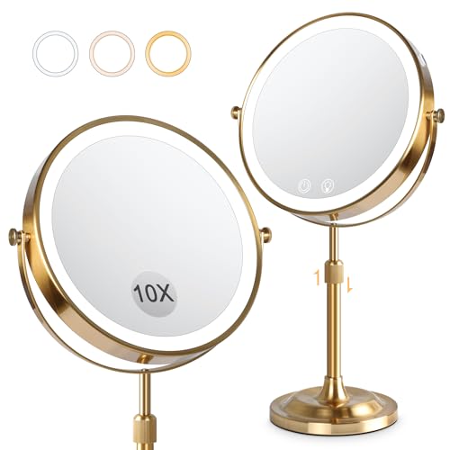 8" Makeup Mirror with Lights,4000mAh RechargeableVanity Mirror,1X/10X Double Sided Magnifying Mirror withAdjustable Height, 3 Colors Stepless Dimming Lighted MakeupMirror,Women Gift,Gold - color: Gold, size: 15"L x 8"W
