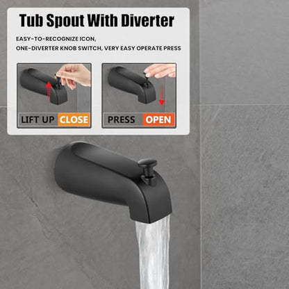 Heyalan 6 Inch Shower Set with Tub Spout and Valve,Matte Black | 6-inch square rainfall head, tub spout with diverter, male-thread rough-in valve, single-handle control and wall-mount design - color: Matte Black, size: 6 Inch Square Shower Head