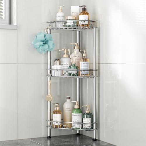 SWTYMIKI Standing Shower Caddy Corner - 3‑Tier Stainless Steel Shower Organizer Shelf with 12 Hooks and Adhesive Pads, Rustproof Corner Shelves Stand Rack for Bathroom Shower Room, Silver - color: Silver