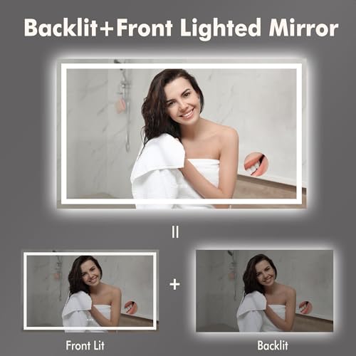 IDEALHOUSE 60"x 36" LED Bathroom Mirror with Lights - Dimmable Dual Lighting (Front & Backlit) Vanity Mirror, Anti-Fog & Shatterproof, 3X Magnification, Rectangular Wall Mount - size: 60"L x 36"W