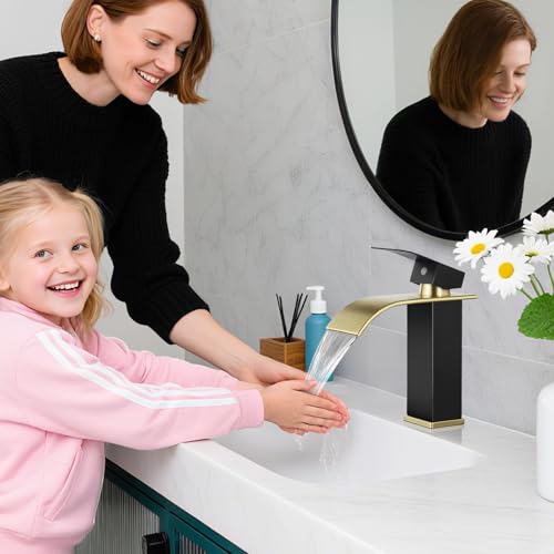 Bathroom Faucets Black and Gold Waterfall Bathroom Sink Faucet | with Pop-up Drain Supply Hoses and Deck,Single Handle Vanity Faucet,Stainless Steel,1 or 3 Hole,RV,Farmhouse Bathrooms - color: B-Black and Gold, style: Short