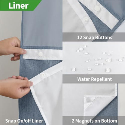 eachope No Hook Fabric Shower Curtain with Snap-in Liner,71x86 Blue Grey | Extra Long,Linen Texture,230GSM Thick Fabric,Mesh Window,Bottom Magnetic,Waterproof & Machine Washable,for Bathroom,Hotel Use - color: Blue Grey, size: 71"W x 86"L (Pack of 1)