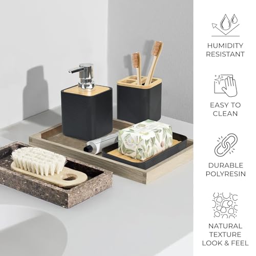 CERBIOR Bamboo Bathroom Accessories Set 6 Piece Square Spiral Set,Black | Includes Soap Dispenser, Toothbrush Holder, Toothbrush Cup, Soap Dish for Decorative Countertop and Housewarming Gift - size: Complete Set, style: Black