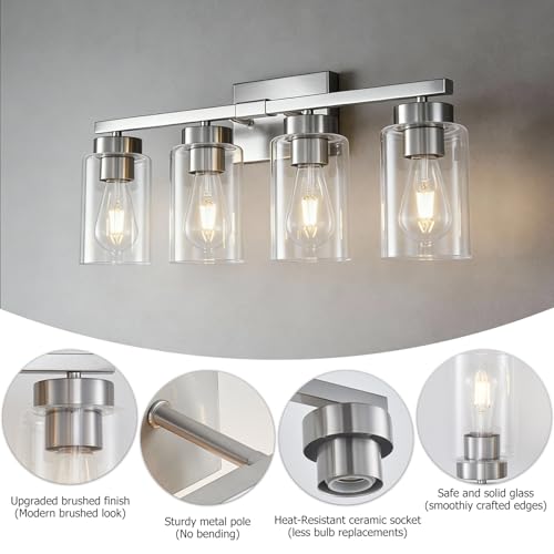 4-Light Bathroom Light Fixtures, Nickel Modern Vanity Lights Over Mirror, Bathroom Wall Sconces with Clear Glass Shade for Living Room Bedroom Hallway Cabinet Porch - color: Nickel