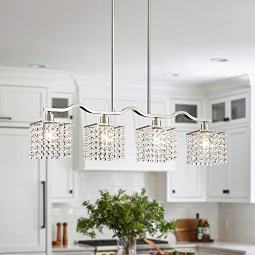 WUZUPS Crystal Chandelier 4-Light Linear Raindrop Pendant Ceiling Light Modern Lighting Fixture for Bedroom Dinning Room Bar Kitchen Island, H8.7'' W4.7'' L30.5, E12 Base, Nickel - color: Nickel Pendant Light