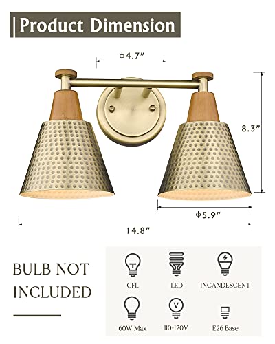 FEMILA Bathroom Light Fixtures, 2-Light Bathroom Vanity Lights Over Mirror, Antique Gold Wall Sconces, Hammered Metal Shade, 4FG59B-2W BG - color: Gold, size: 15"