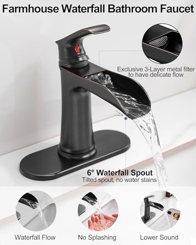 Brass Waterfall Faucet, Oil Rubbed Bronze Bathroom Faucet, 4 Inch Bathroom Sink Faucet 1 Hole or 3 Holes, 1 Handle Bathroom Faucets with Pop Up Drain Deck Plate Supply Hose for Antique Farmhouse - color: Oil Rubbed Bronze - Antique