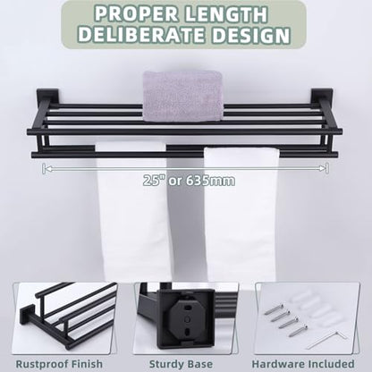 Angle Simple Bath Towel Shelf with 2 Holders, Matte Black, 27.56 Inches | Stainless Steel Bathroom Towel Rack with Double Bars, Extra Storage Space, Screw Wall Mount - color: Matte Black, size: 27.56-Inch