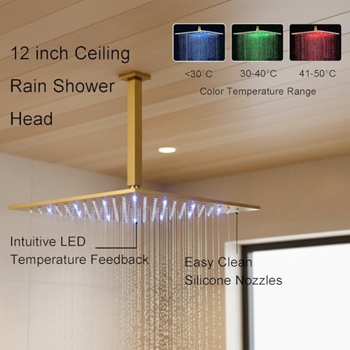 4 Way Thermostatic Shower Diverter System with 12 inch Shower Head and Tub Spout, Brushed Gold Bathroom Shower Faucet Set with 6 Body Jet and Handheld Spray - color: Brushed Gold, size: 12" Ceiling Shower