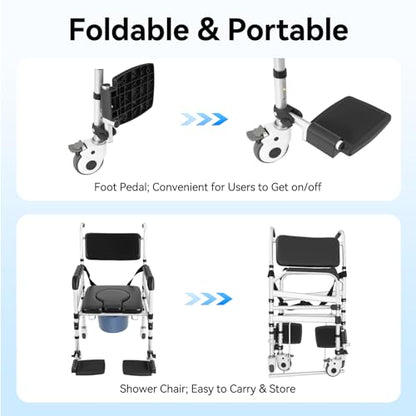 Shower Chair with Wheels, Rolling Commode Chair for Toilet with Arms, Adjustable Height Folding Bath Commodes for Inside Shower, Bedside Wheelchair Bathroom Chairs for Elderly Disabled Injured