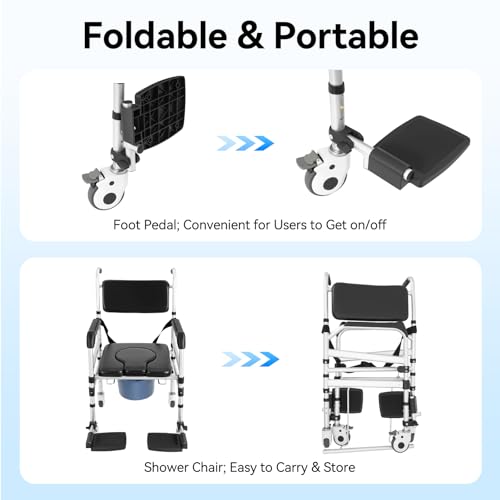 Shower Chair with Wheels, 353LBS Aluminum Alloy Rolling Shower Chair 4 in 1 Foldable Height Adjustable Shower Wheelchair Padded Arms, Back and Large Commode for Seniors