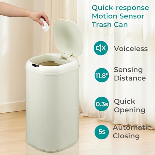 GarveeTech 8 Gallon Automatic Trash Can for Kitchen, Motion Sensor, Beige | Touchless Garbage Can with Lid, Fingerprint-Proof Stainless Steel, Smart Waste Bin for Office, Bathroom & Home, 30L