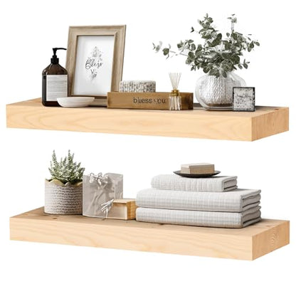 Solid Wood Floating Shelves, 24 Inch Wall Shelves, Set of 2, Wood | 8 Inch Deep, 1.6 Inch Thick, Extra-Wide Display Space, Mounting Hardware Included, For Kitchen, Bathroom and Living Room - color: Wood, size: 24x8x1.6