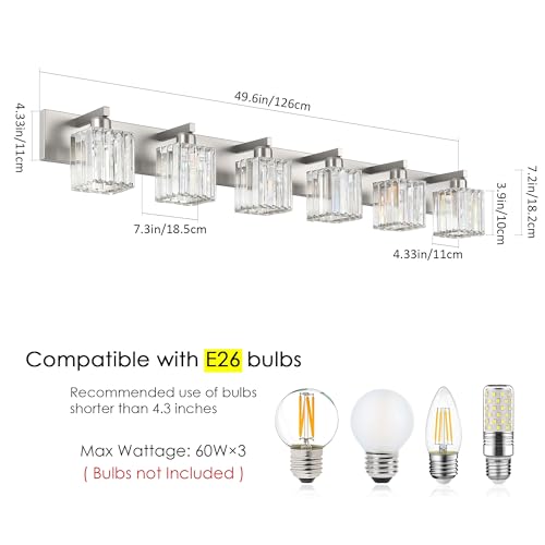 Aipsun Brushed Nickel Bathroom Light Fixtures 6 Light Vanity Lighting Fixture Crystal Modern Bathroom Vanity Light (Exclude Bulb) - color: Brushed Nickel, size: 49 inch