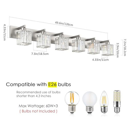 Aipsun Brushed Nickel Bathroom Light Fixtures 6 Light Vanity Lighting Fixture Crystal Modern Bathroom Vanity Light (Exclude Bulb) - color: Brushed Nickel, size: 49 inch