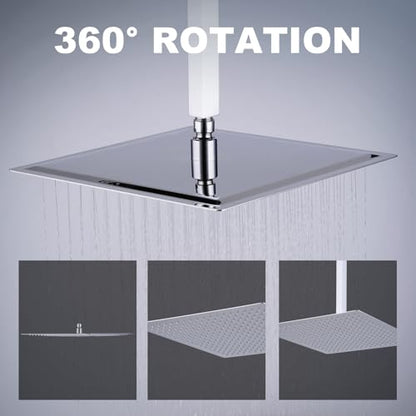 Shower Head, 16 Inch High Pressure Flow Rainfall Shower, Square Ultra Thin Waterfall Bath Showerhead with Silicone Nozzle and Adjustable Metal Swivel Ball Joint, Stainless Steel, Polished Finish