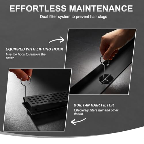 Linear Shower Drain - 36 Inch Matte Black, with Grate Removable | AISI 304 Stainless Steel Shower Drain with Adjustable Feet, Hair Catcher, Rectangle Shower Floor Drain Fits Bathroom, Balcony - color: Matte Black, size: 36 Inch
