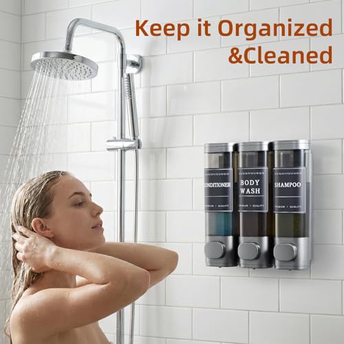 Shampoo and Conditioner Dispenser,Shower Soap Dispenser 3 Chamber No Drill Wall-Mounted for Bathroom & Hotel Leak-Proof Pumps, for Thick Liquids Like Conditioner - 1050ML High Capacity, Gun Gray - color: Gun Gray
