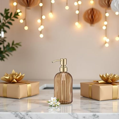 16 OZ Amber Glass Soap Dispenser, Amber Stripe Bathroom Hand Soap Dispensers with Stainless Steel Brushed Gold Pump,Brown Glass Kitchen Hand Soap Dispenser with Brushed Gold Pump - color: Brushed Gold + Amber, size: 1-Pack