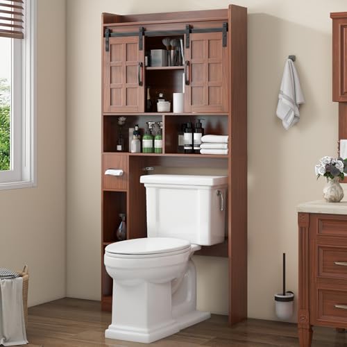 Halitaa Over The Toilet Storage Cabinet with Sliding Doors,Walnut | Farmhouse Storage Cabinet Over Toilet, Home Space-Saving Toilet Rack, for Restroom, Bathroom, Laundry. - color: Walnut, style: Sliding Doors
