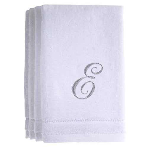 Monogrammed Towels Fingertip, Personalized Gift, 11 x 18 Inches - Set of 4- Silver Embroidered Towel - Extra Absorbent 100% Cotton- Soft Velour Finish - For Bathroom/ Kitchen/ Spa- Initial E (White) - color: E
