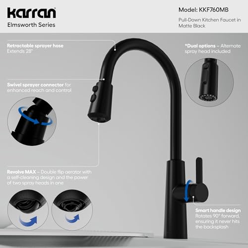 Karran Elmsworth Commercial Style Pull-Down Kitchen Faucet with Dual Interchangeable Spray Heads 5-Function Revolve MAX & 3-Function Revolve Mini Aerator High-Arc Spout (Matte Black) - color: Matte Black