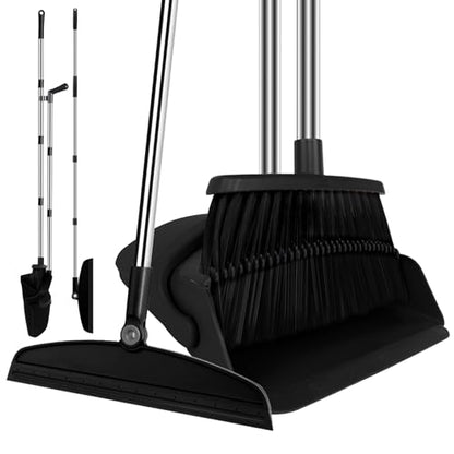 Broom and Dustpan Combo Set, 51" Long Handle with Squeegee | Black Complete Cleaning Kit, Floor Squeegee for Wet & Dry Messes, Built-in Comb Dustpan for Home & Pet Areas - color: Black