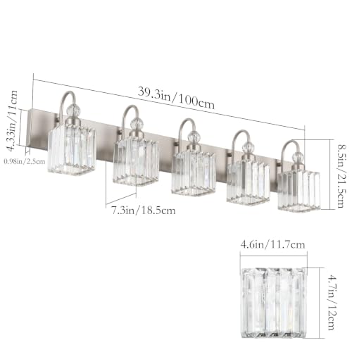 Ralbay Brushed Nickel Bathroom Vanity Light Crystal Modern 5 Light Bathroom Wall Lighting Fixtures Over Mirror - color: Square-Brushed Nickel, size: 5-light