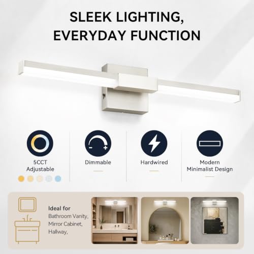 SOLFART Bathroom Lights Over Mirror, 24 Inch Brushed Nickel LED Vanity Light, 5CCT Dimmable, Built-in Dimmer, 4-Way Adjustable, ETL IP44 - color: Brushed Nickel-5CCT, 5-Step Brightness Control, size: 24 inch