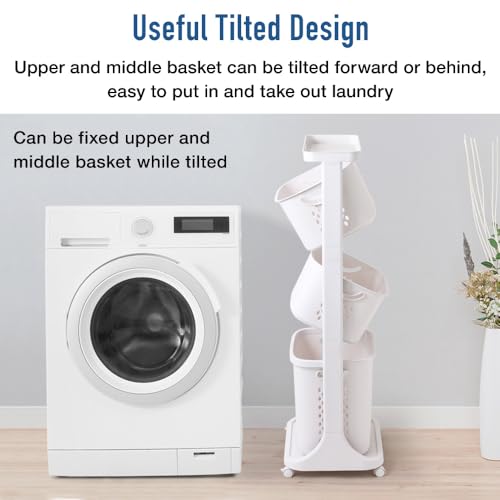 Japard 18 Gal Rolling Laundry Hamper Ultra Slim, Vertical 3 Sorter Cart with Wheels and Breaks, 3-tier Baskets Detachable for Dorm, Closet, Easy Assembly White Gray - size: 3 Tier