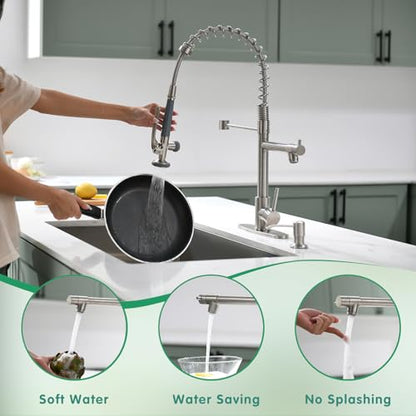 Fapully 4 Hole Kitchen Sink Faucet with Soap Dispenser Brushed Nickel | Commercial Grade High Pressure Kitchen Faucets,SuS Stainless Steel, Single Handle Design, High Arc, 360° Swivel - color: Brushed Nickel, style: Contemporary
