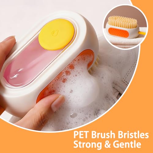All-in-One Refillable Scrub Brush with Built-in Tank, Press to Dispense Solution for Multi-Surface Cleaning: Clothes, Shoes, Wheels, Kitchen, Bathroom. Hangable, Large Capacity, Dense PET Bristles