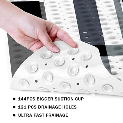 Black White Bath Tub Mat Non Slip, Modern Geometric Large Washable Shower Mats with Drain Holes and Suction Cups,40 X 16 Inch - color: Black White
