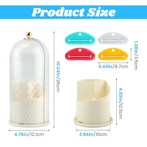 Rotating Toothbrush Holders with Sliding Lid & 4 Pcs Toothpaste Squeezers, Multifunctional 3 Slots Bathroom Organizer Countertop for Tooth Brush, Toothpaste, and Makeup Brushes