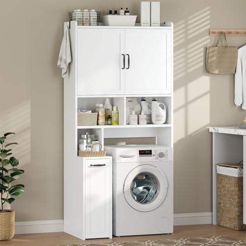 Over The Toilet Storage Cabinet with Rolling Storage Cart, Bathroom Organizers and Storage with Adjustable Shelf & Hooks, Above Toilet Rack for Bathroom, Restroom, Laundry, Save Space, White