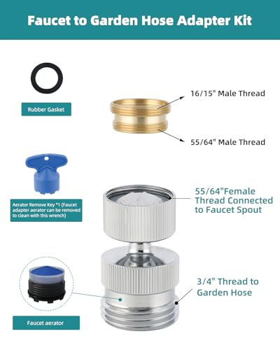 Hibbent Swivel Faucet Adapter Kit, Solid Brass 3/4" Garden Hose Adapter with Aerator, 360 Degree Kitchen Sink Faucet Aerator Adapter for Female and Male to Male, Chrome - color: Chrome, style: Female Thread