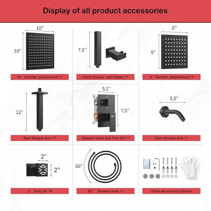 VANFOXLE Shower System, Matte Black Shower Faucet Set, Four Modes | 10 Inch Ceiling Mount Head Increased Thick, 6 Inch Second Head, 2-in-1 Handheld Combo, 4 PCS Dual Mode Body Jets, Brass Valve - color: Matte Black
