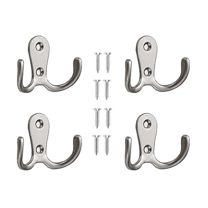 4 Pcs Double Prong Robe Hooks, Dual Coat Hooks Wall Mounted Hanging Clothes for Bathroom Bedroom Door Wall Retro Metal Cloth Hanger Double Coat Hooks with 8 Screws (Matte Silver) - color: Matte Silver