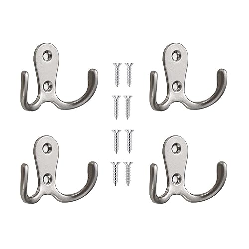 4 Pcs Double Prong Robe Hooks, Dual Coat Hooks Wall Mounted Hanging Clothes for Bathroom Bedroom Door Wall Retro Metal Cloth Hanger Double Coat Hooks with 8 Screws (Matte Silver) - color: Matte Silver