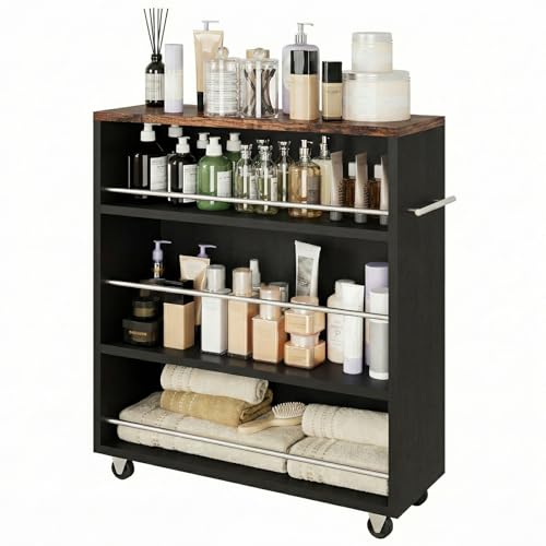 4-Tier Slim Rolling Cart with Wheels, 7.9"W Narrow Storage, Black & Brown | 4 adjustable MDF shelves (20 lbs each), 360° casters + side handle, Fits kitchen, laundry, bathroom & dorm tight gaps - color: Black
