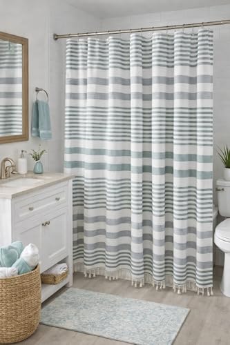 Teal Green and White Striped Cotton Fabric Shower Curtain with Fringe for Bathtub or Shower, Machine Washable Bath Curtain, 72 x 72 Inch, Margot Green - color: Margot Green Teal
